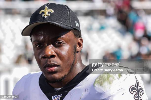 Teddy Bridgewater of the New Orleans Saints looks on after defeating the Jacksonville Jaguars at TIAA Bank Field on October 13, 2019 in Jacksonville,...