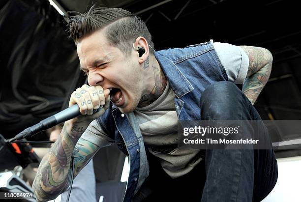 Mike Hranica of The Devil Wears Prada performs as part of the Vans Warped Tour 2011 at Shoreline Amphitheatre on July 2, 2011 in Mountain View,...
