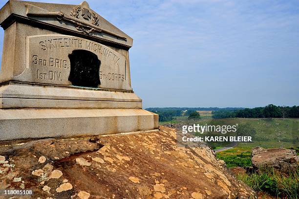 Monument to the 16th Michigan Infantry sits atop Little Round top on July 3, 2011 at the Gettysburg National Military Park in Pennsylvania. The...