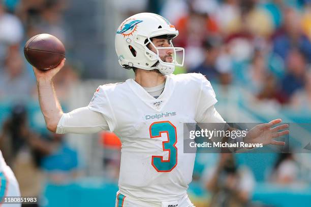 Josh Rosen of the Miami Dolphins throws a pass against the Washington Redskins during the third quarter at Hard Rock Stadium on October 13, 2019 in...