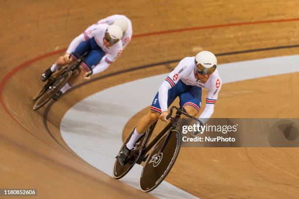 Ryan Owens, Jack Carlin and Jason Kenny of Great Britain in action during the Men's Team Sprint Qualifying at the Sir Chris Hoy Velodrome on day one...