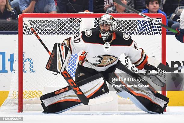 Goaltender Ryan Miller of the Anaheim Ducks defends the net against the Columbus Blue Jackets on October 11, 2019 at Nationwide Arena in Columbus,...