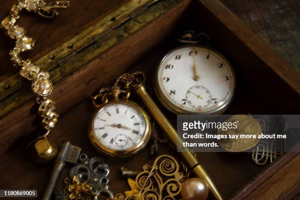 two old pocket watches inside a box. still life. - jewellery products stock pictures, royalty-free photos & images