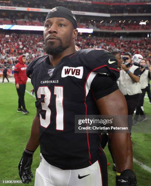 Running back David Johnson of the Arizona Cardinals walks off the field following the NFL game against the Atlanta Falcons at State Farm Stadium on...