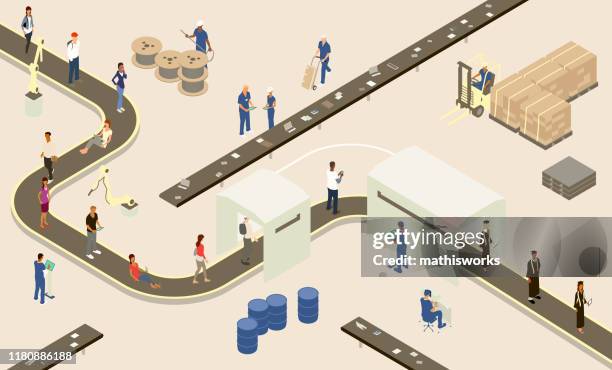 ilustraciones, imágenes clip art, dibujos animados e iconos de stock de ilustración de la línea de montaje estudiantil - cinta transportadora
