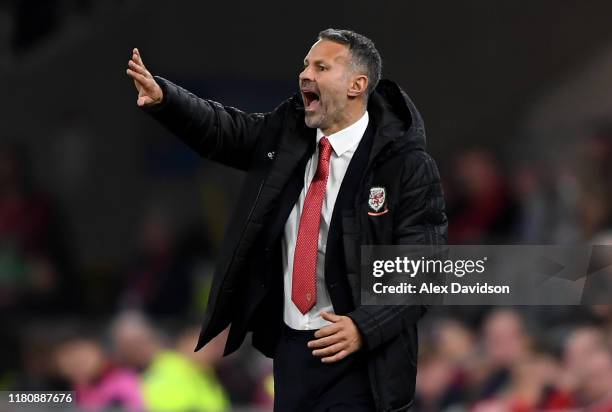 Wales manager Ryan Giggs reacts during the UEFA Euro 2020 qualifier between Wales and Croatia at Cardiff City Stadium on October 13, 2019 in Cardiff,...