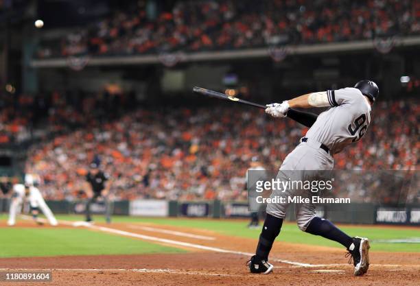 Aaron Judge of the New York Yankees hits a two-run home run during the fourth inning against the Houston Astros in game two of the American League...