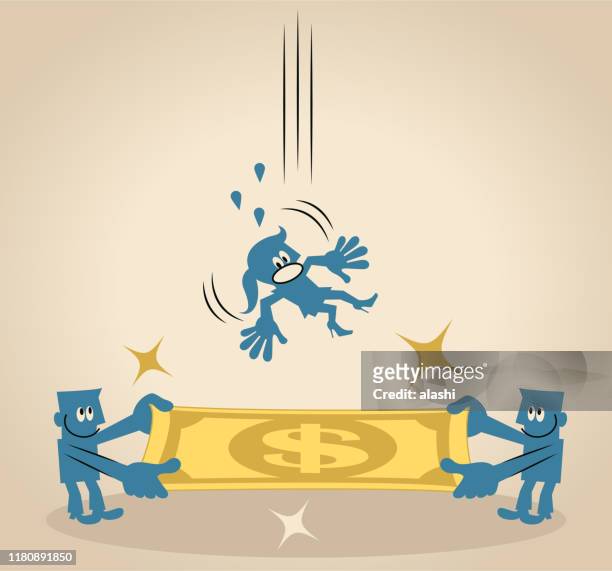 two businessmen holding paper currency as a safety net to rescue a falling woman (jump to safety) - trampoline stock illustrations