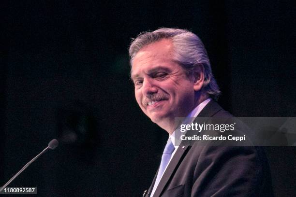 Presidential candidate Alberto Fernandez for Frente de Todos party smiles during the first session of the Argentine presidential debate at...