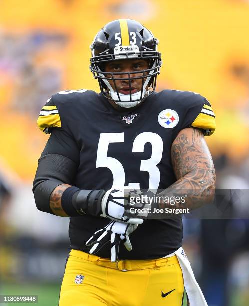 Maurkice Pouncey of the Pittsburgh Steelers in action during the game against the Baltimore Ravens at Heinz Field on October 6, 2019 in Pittsburgh,...