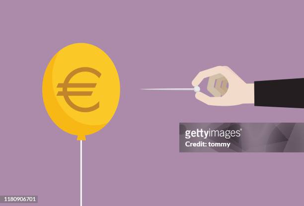 illustrazioni stock, clip art, cartoni animati e icone di tendenza di uomo d'affari con ago trafigge palloncino moneta euro - european union coin