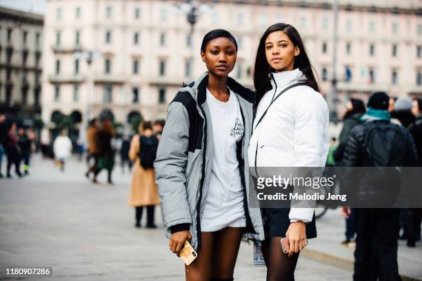 Models Eniola Abioro and Rocio Marconi after the Gabriele Colangelo show on Day 4 Milan Fashion Week Autumn/Winter 2019/20 on February 23, 2019 in...