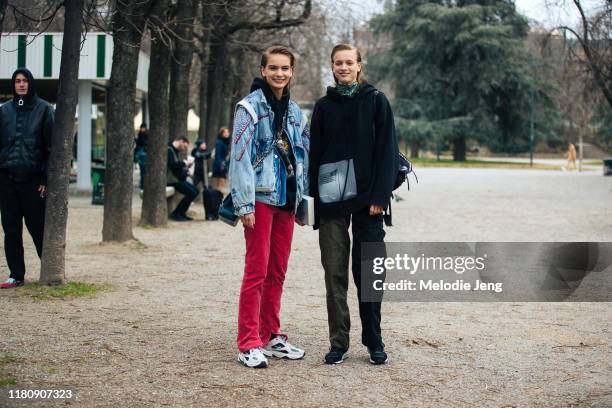 Danish models Nina Marker and Sarah Dahl after the Roberto Cavalli show on Day 4 Milan Fashion Week Autumn/Winter 2019/20 on February 23, 2019 in...