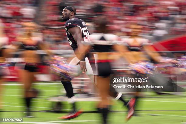 Linebacker Chandler Jones of the Arizona Cardinals is introduced to the NFL game against the Atlanta Falcons at State Farm Stadium on October 13,...