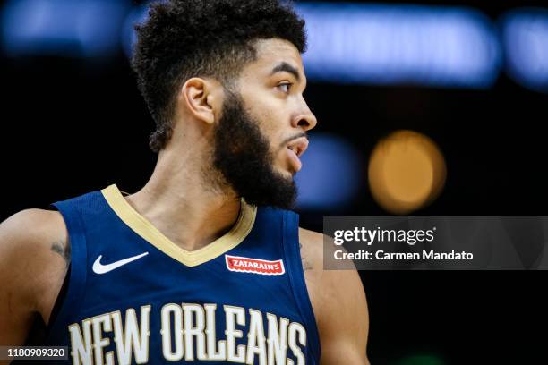 Kenrich Williams of the New Orleans Pelicans looks on during a preseason game against the Atlanta Hawks at State Farm Arena on October 7, 2019 in...