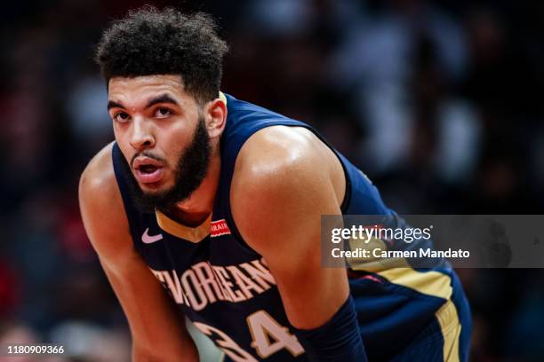 Kenrich Williams of the New Orleans Pelicans looks on during a preseason game against the Atlanta Hawks at State Farm Arena on October 7, 2019 in...