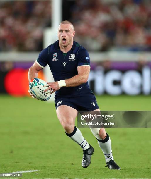 Scotland player Stuart Hogg in action during the Rugby World Cup 2019 Group A game between Japan and Scotland at International Stadium Yokohama on...