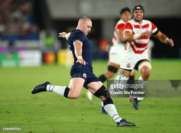 Scotland player Stuart Hogg clears the ball during the Rugby World Cup 2019 Group A game between Japan and Scotland at International Stadium Yokohama...