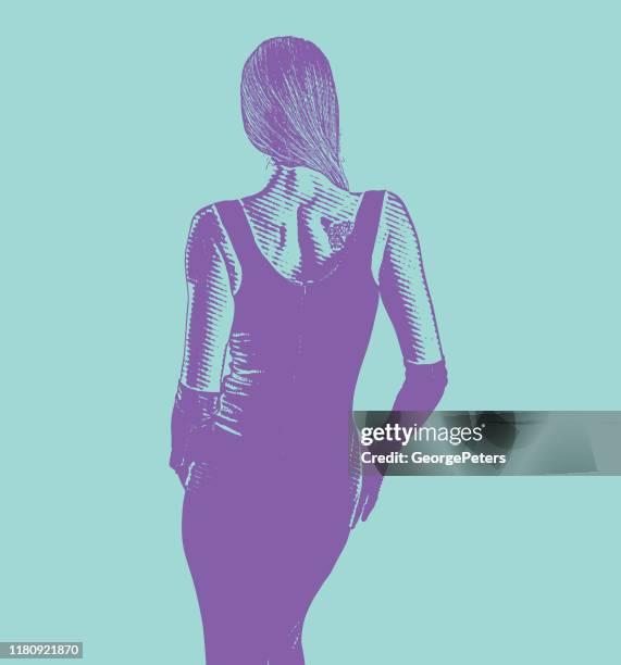 rear view of glamorous woman - white gloves behind back stock illustrations