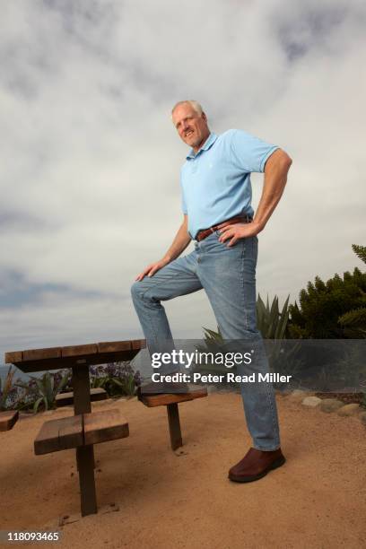 Where Are They Now: Portrait of 7-footer and former NBA player Mark Eaton on beach during photo shoot in Southern California. Eaton now travels the...