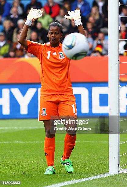 Goalkeeper Miriam of Equatorial Guinea reacts during the FIFA Women's World Cup 2011 Group D match between Australia and Equatorial Guinea at the...