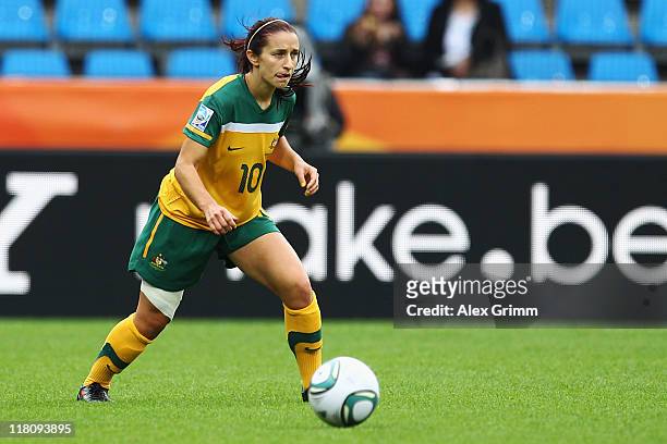 Servet Uzunlar of Australia runs with the ball during the FIFA Women's World Cup 2011 Group D match between Australia and Equatorial Guinea at the...