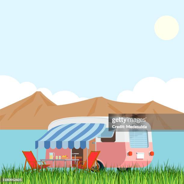 vector caravan mountain - sunbathing park stock illustrations