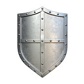 Steel medieval shield, metallic shield, isolated on white background, 3d rendering