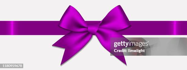 realistic decorative shiny satin purple ribbon bow, isolated on white background. - wrapped present isolated stock illustrations
