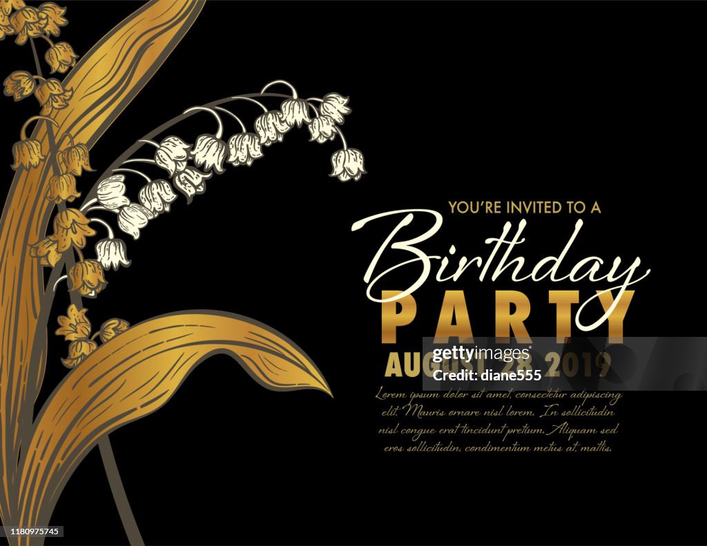 Birthday Party Invitation Template With Black And Gold Lily of The Valley