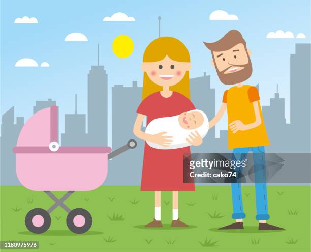 happy family cartoon illustration - urban mother and daughter stock illustrations