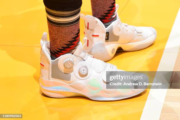 The sneakers worn by Retired NBA Player, Dwyane Wade during the game between the Denver Nuggets and the Philadelphia 76ers on November 8, 2019 at...
