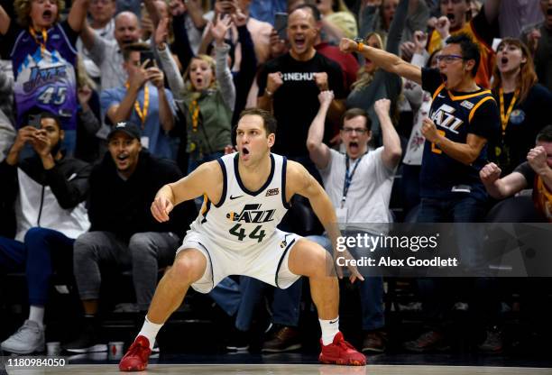 Bojan Bogdanovic of the Utah Jazz celebrates after hitting a game winning shot against the Milwaukee Bucks at Vivint Smart Home Arena on November 8,...