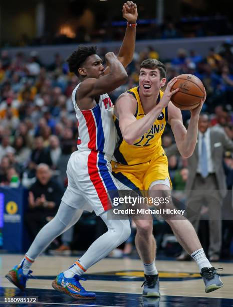 Leaf of the Indiana Pacers tries to shoot the ball against Langston Galloway of the Detroit Pistons at Bankers Life Fieldhouse on November 8, 2019 in...