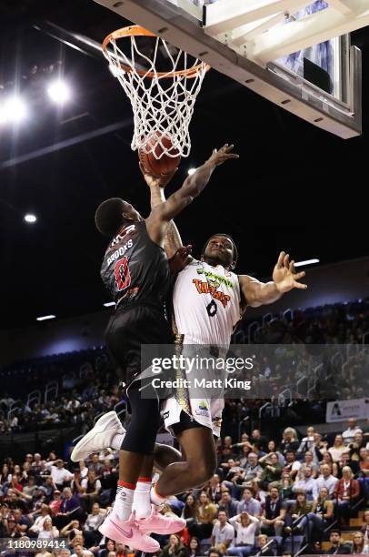 Cameron Oliver of the Taipans is challenged by Aaron Brooks of the Hawks during the round two NBL match between the Illawarra Hawks and the Cairns...