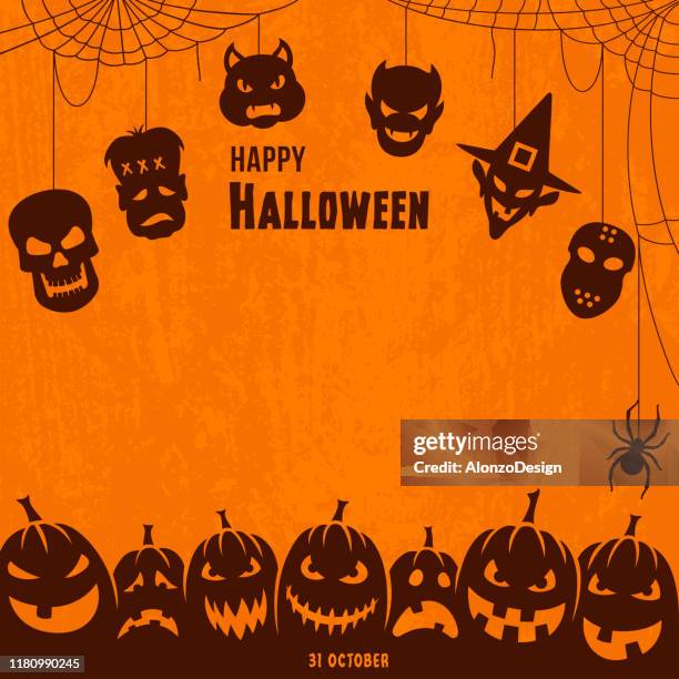 happy halloween poster mit etiketten - sin personas stock-grafiken, -clipart, -cartoons und -symbole