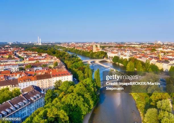 view of the city, corneliusbruecke and reichenbachbruecke over the isar, maximilianskirche, left district au, right isarvorstadt, aerial view, munich, upper bavaria, bavaria, germany - munich drone stock pictures, royalty-free photos & images