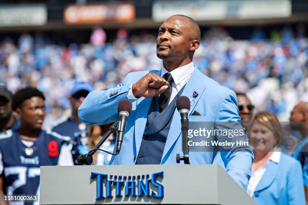 Former running back Eddie George of the Tennessee Titans on the field at halftime to celebrate his name during a game against the Indianapolis Colts...