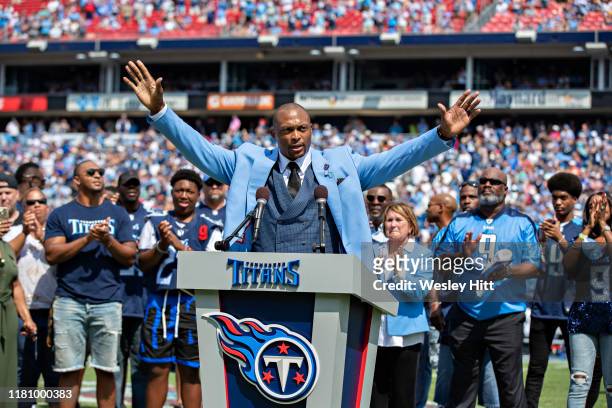Former running back Eddie George of the Tennessee Titans on the field at halftime to celebrate his name during a game against the Indianapolis Colts...