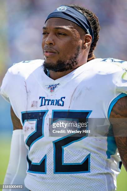 Derrick Henry of the Tennessee Titans on the sidelines during a game against the Indianapolis Colts at Nissan Stadium on September 15, 2019 in...