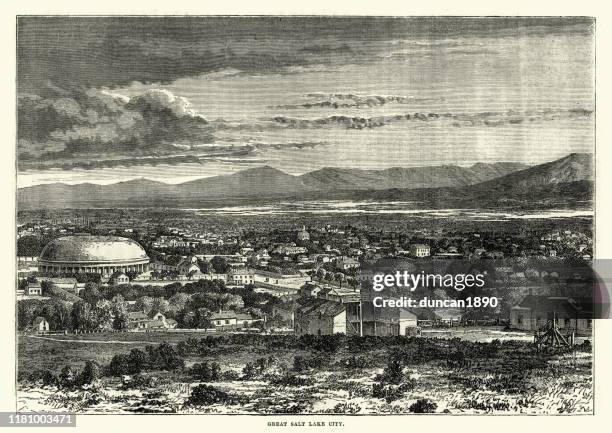 view of salt lake city, 19th century - salt lake city stock illustrations