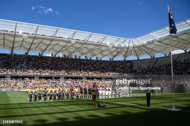 Both teams during the national anthems during the International friendly soccer match between Matildas and Chile on November 09, 2019 at Bankwest...