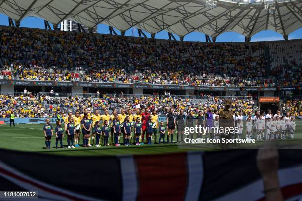 Australia during the national anthem at the International friendly soccer match between Matildas and Chile on November 09, 2019 at Bankwest Stadium...
