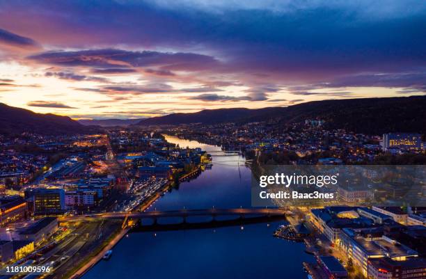 aerial view of drammen city by night - norway - drammen stockfoto's en -beelden