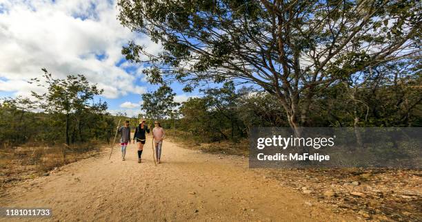 mutter und töchter auf einem schmutzigen weg in chapada dos veadeiros nationalpark, gois, brasilien. - chapada dos veadeiros stock-fotos und bilder