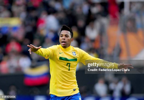 Robinho , from Brazil, in action during the ball during a matchg between Brazil and Venezuela at Ciudad de La Plata Stadium as part of the group B of...