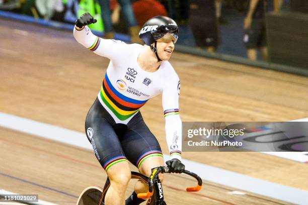 Harrie Lavreysen of Netherlands celebrates after winning the Men's Team Sprint Final at the Sir Chris Hoy Velodrome on day one of the UCI Track...