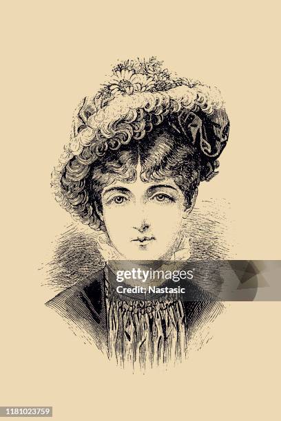 stockillustraties, clipart, cartoons en iconen met victoriaanse mode vrouw, zomer hoed met veren en bloemen decoratie - edwardiaanse stijl