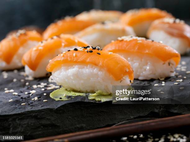 smoked salmon sushi - sushi stock pictures, royalty-free photos & images