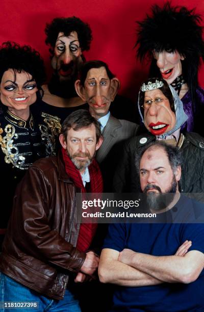 Spitting Image, a British satirical television programme. Creators Peter Fluck and Roger Law, in their London Studio in April 1, 1986. They are...